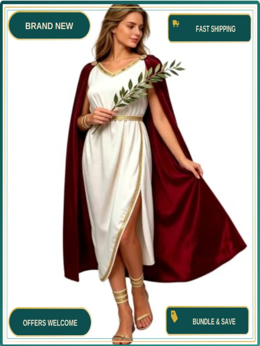 Greek Goddess Toga Costume Velvet Cape Dress Gold Trim Cosplay